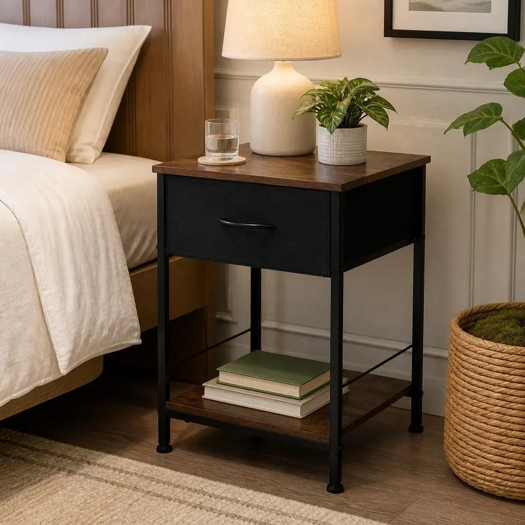 Bedside Table Metal Frame MDF Top with Drawer Shelf Brown and Black