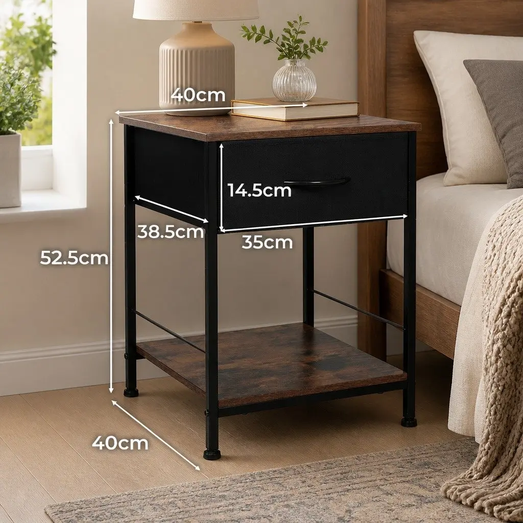 Bedside Table Metal Frame MDF Top with Drawer Shelf Brown and Black