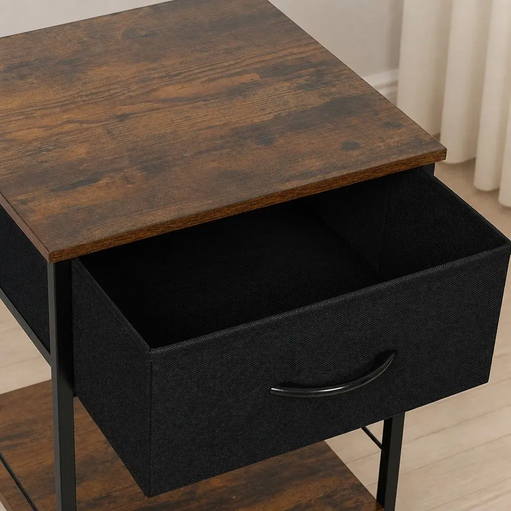 Bedside Table Metal Frame MDF Top with Drawer Shelf Brown and Black