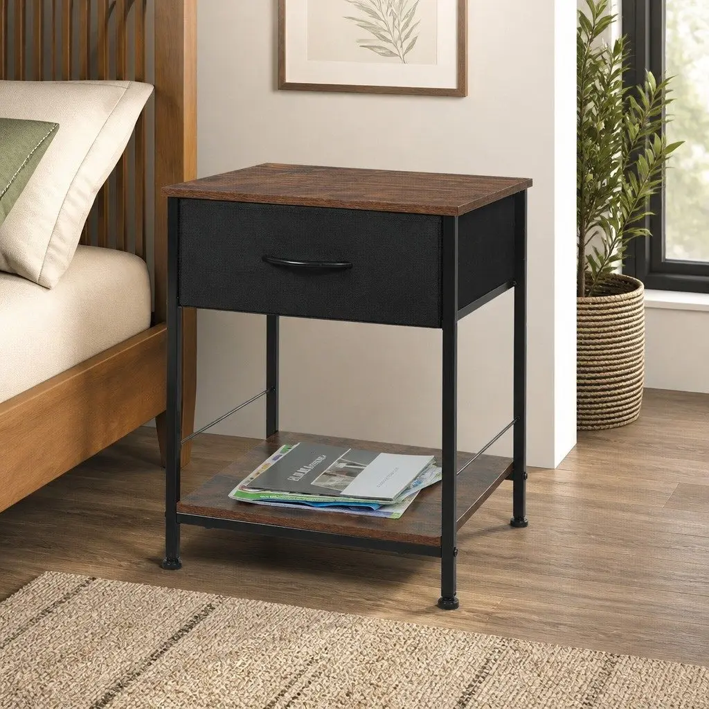 Bedside Table Metal Frame MDF Top with Drawer Shelf Brown and Black