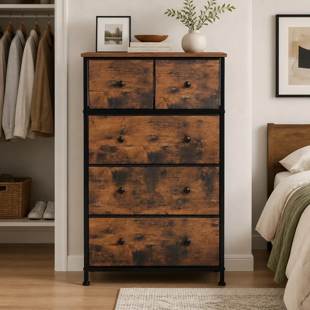 Storage Cabinet Tallboy Dresser MDF Steel Brown 56cm W x 30cm D x 93cm H Removable Drawers