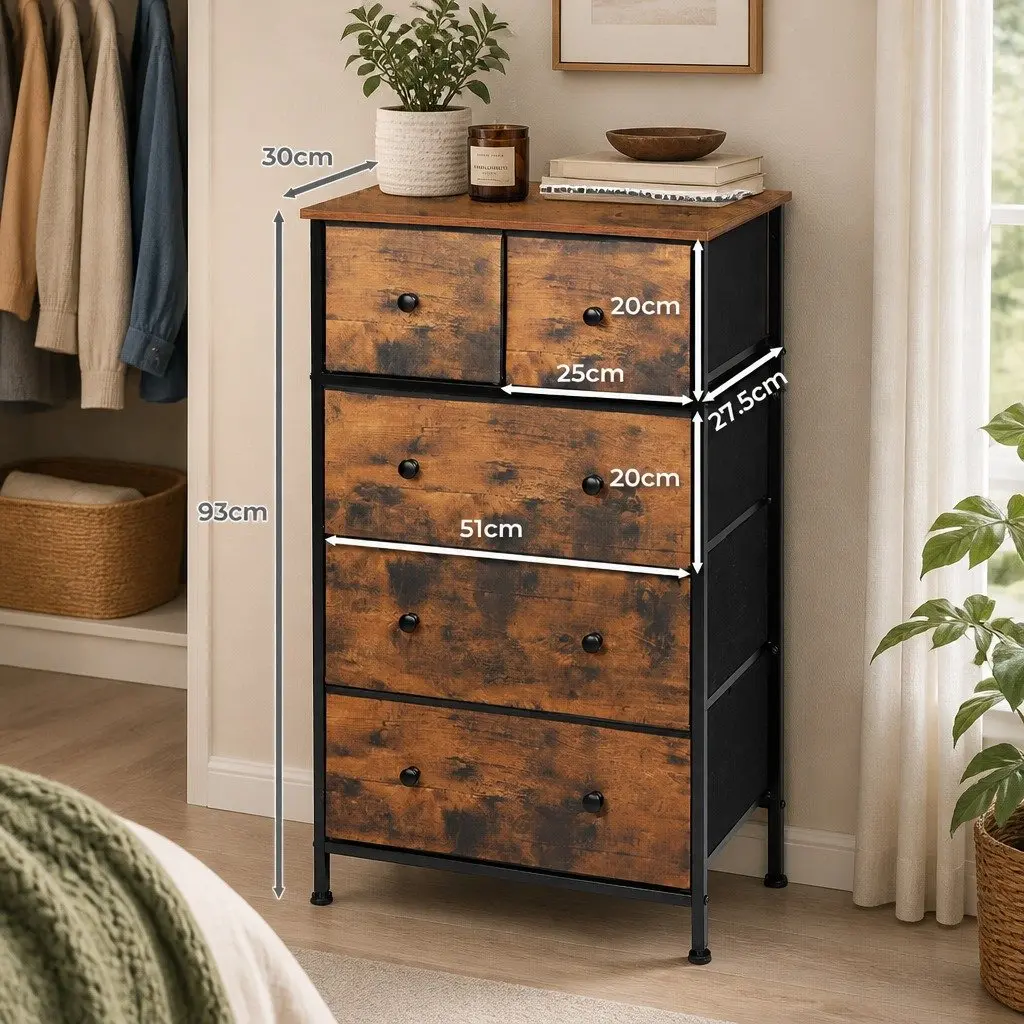 Storage Cabinet Tallboy Dresser MDF Steel Brown 56cm W x 30cm D x 93cm H Removable Drawers