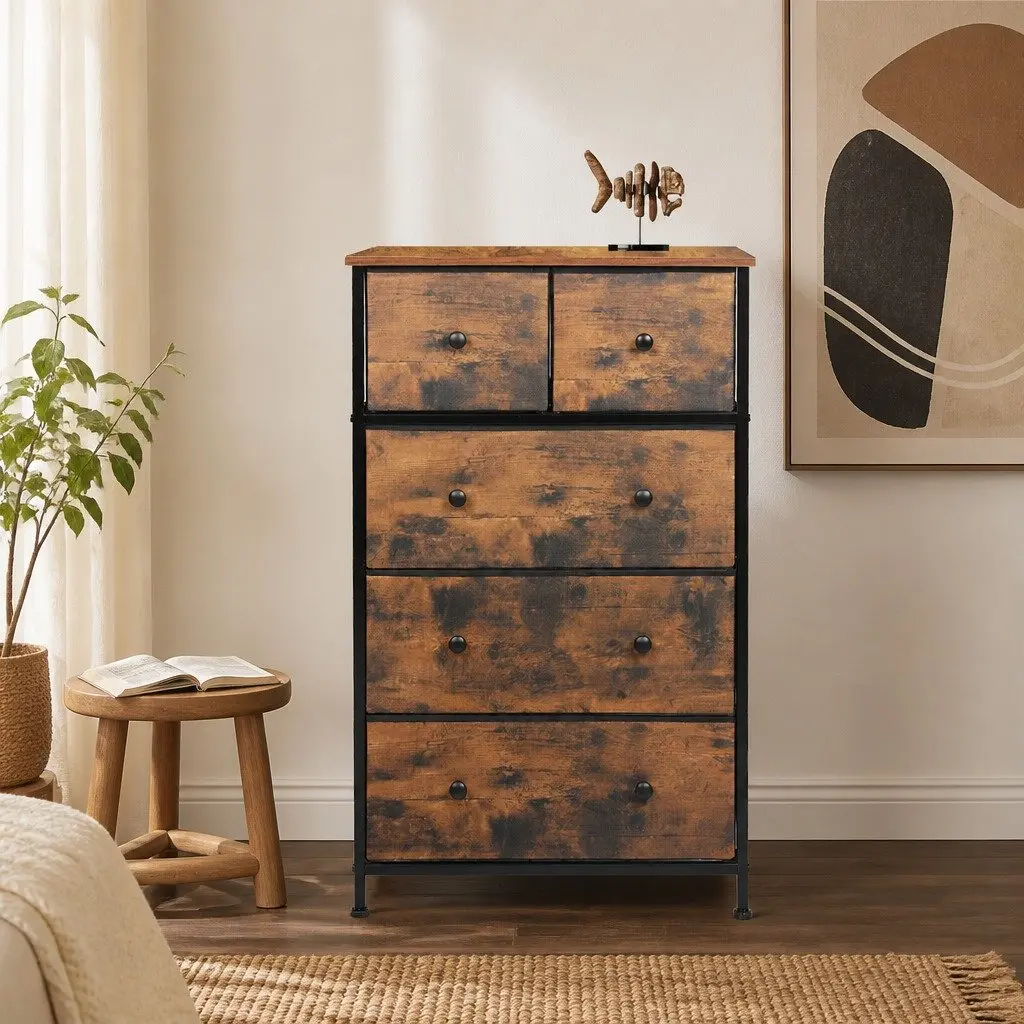 Storage Cabinet Tallboy Dresser MDF Steel Brown 56cm W x 30cm D x 93cm H Removable Drawers