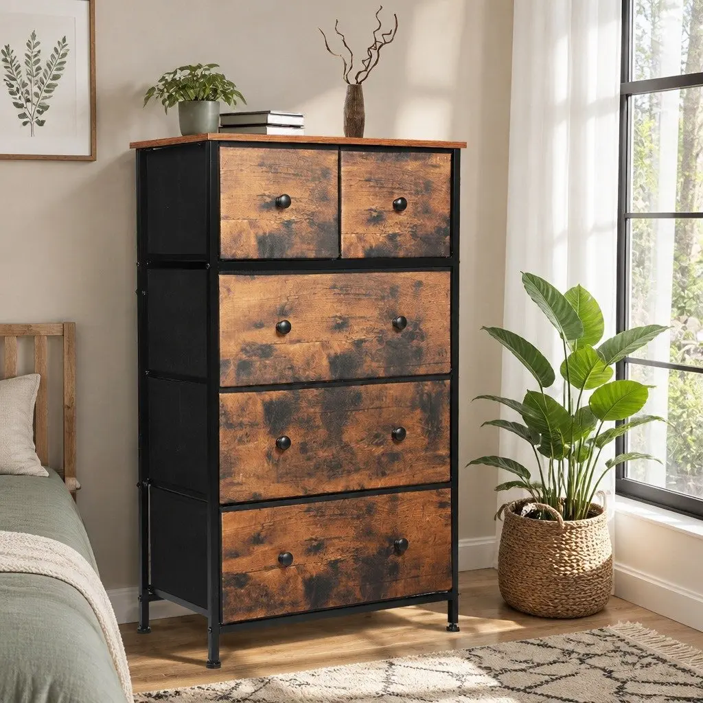Storage Cabinet Tallboy Dresser MDF Steel Brown 56cm W x 30cm D x 93cm H Removable Drawers