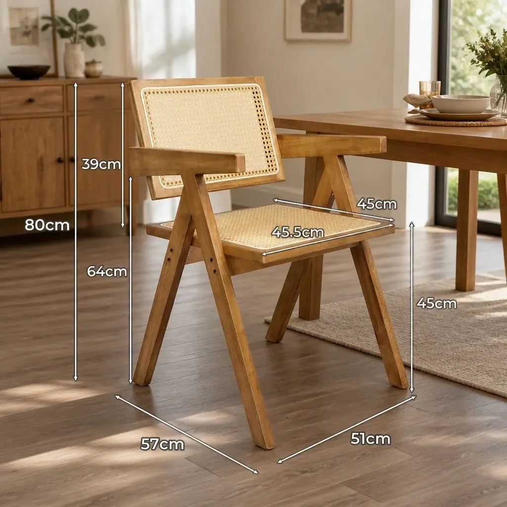 Dining Chair Rattan Weave Solid Rubber Wood Natural Set of 2