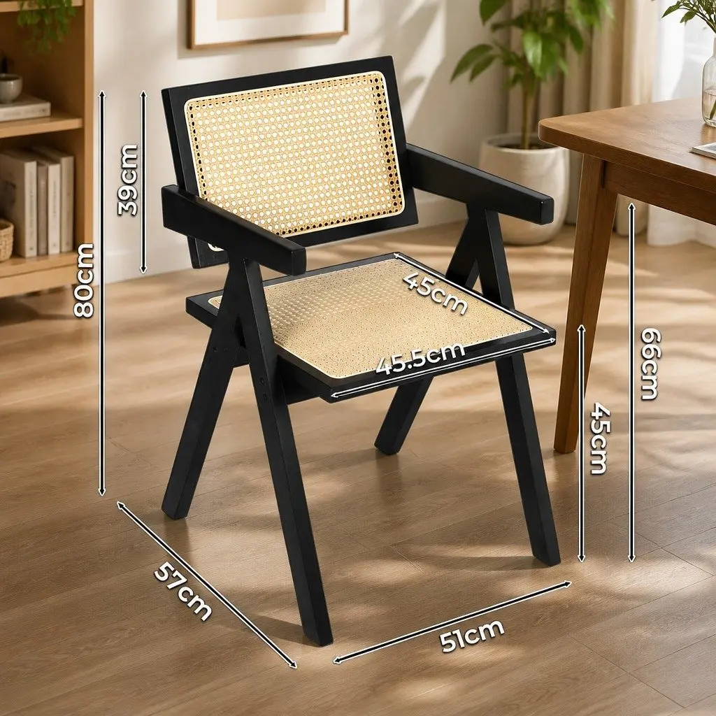 Wicker Armchair Dining Chair Rubber Wood Frame Black Rattan Backrest Lounge Seat