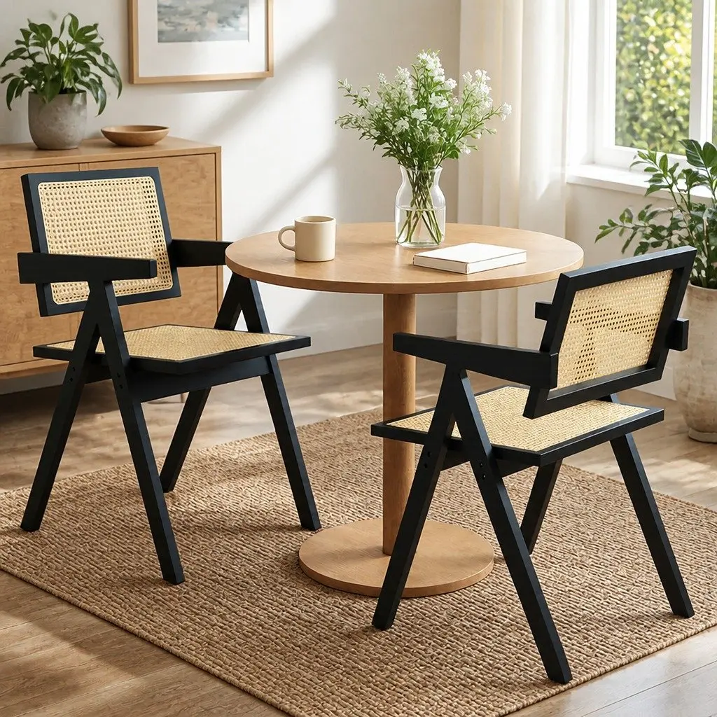 Wicker Armchair Dining Chair Rubber Wood Frame Black Rattan Backrest Lounge Seat