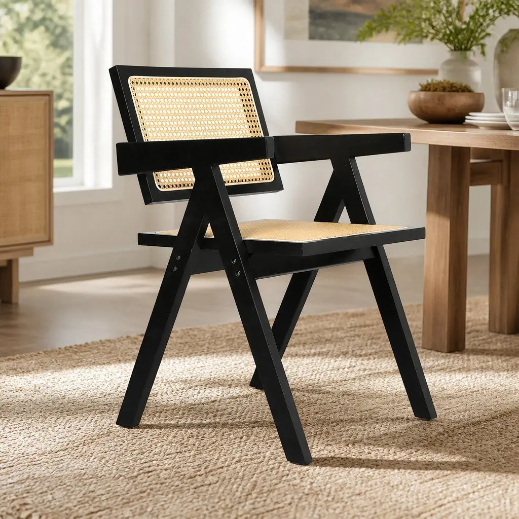 Wicker Armchair Rattan Dining Chair with Armrest Wooden Frame Indoor Furniture
