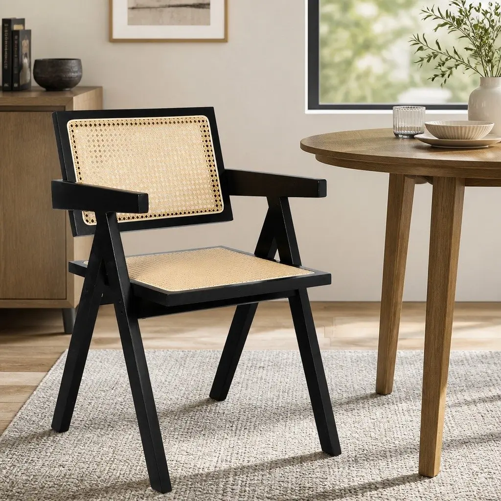 Wicker Armchair Rattan Dining Chair with Armrest Wooden Frame Indoor Furniture
