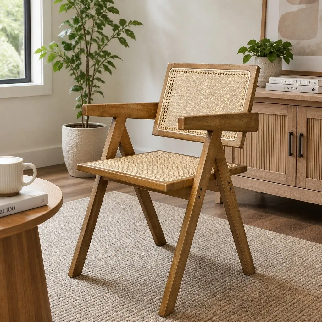 Dining Chair Solid Rubber Wood Rattan Weave Natural Seat Cushion 100kg Capacity
