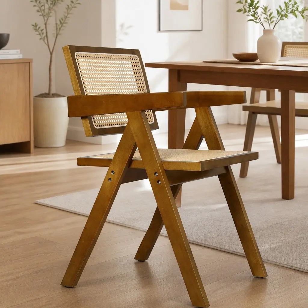 Dining Chair Wooden Rattan Seat Armchair 51cm W x 57cm D x 80cm H Walnut Natural Black
