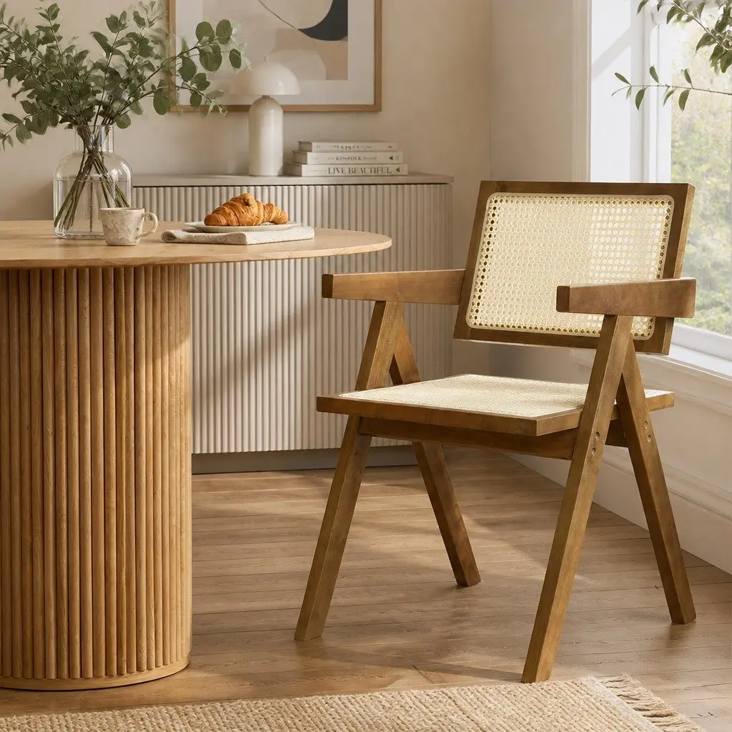 Dining Chair Wooden Rattan Seat Armchair 51cm W x 57cm D x 80cm H Walnut Natural Black