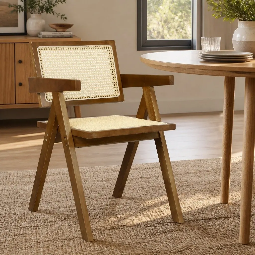 Dining Chair Wooden Rattan Seat Armchair 51cm W x 57cm D x 80cm H Walnut Natural Black