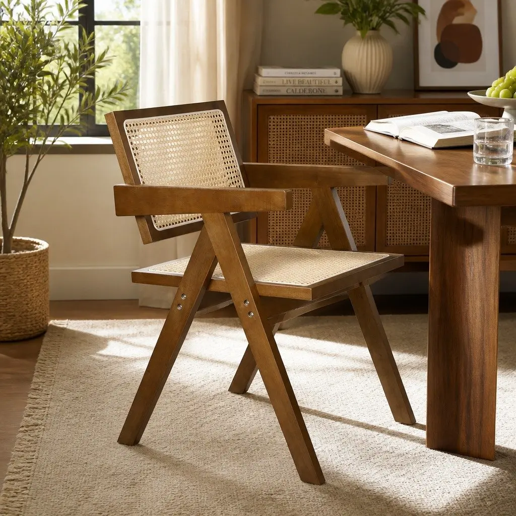 Wicker Dining Chair Rattan Rubber Wood Walnut Modern 51cm W x 57cm D x 80cm H