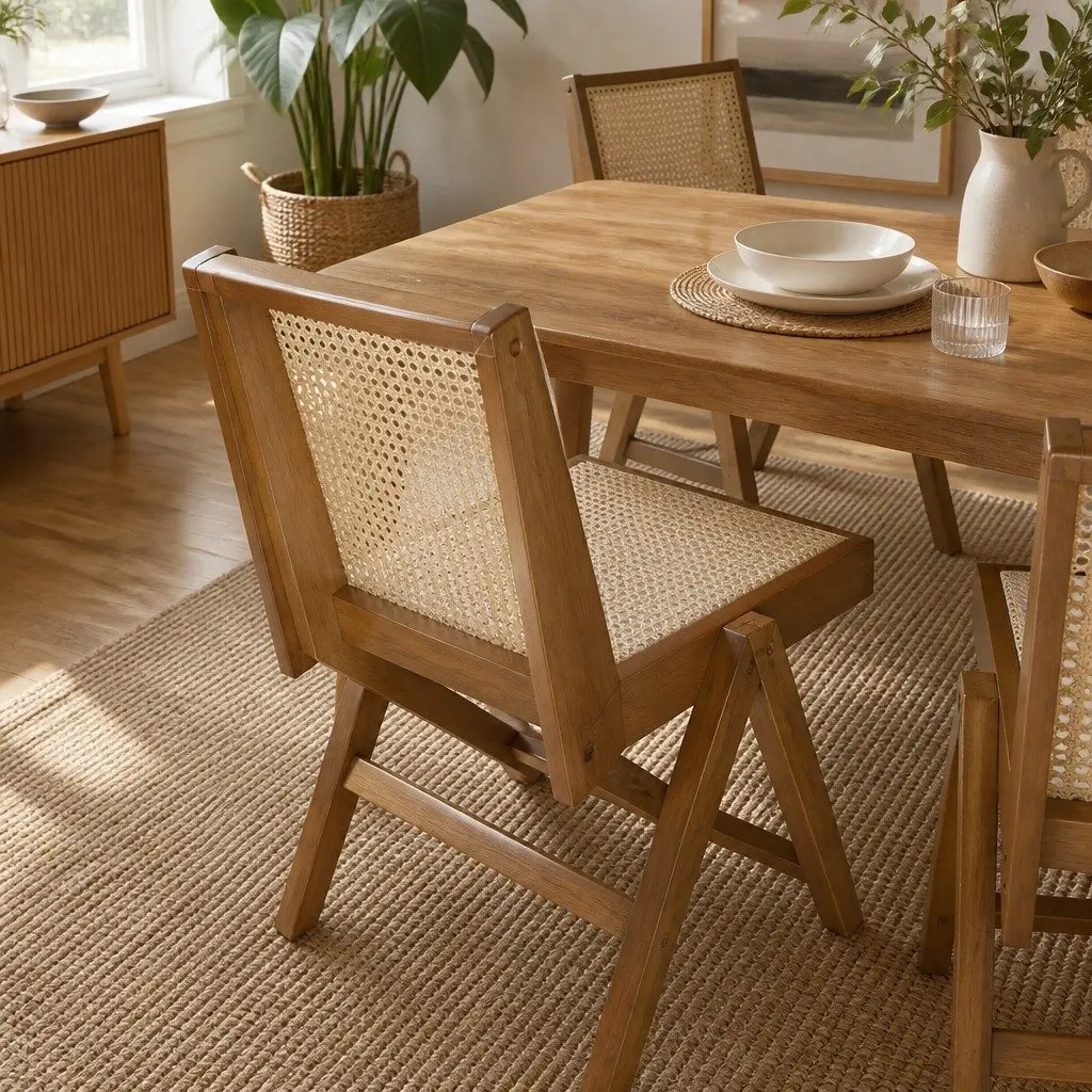 Wicker Dining Chair Rattan Rubber Wood Walnut Modern 51cm W x 57cm D x 80cm H