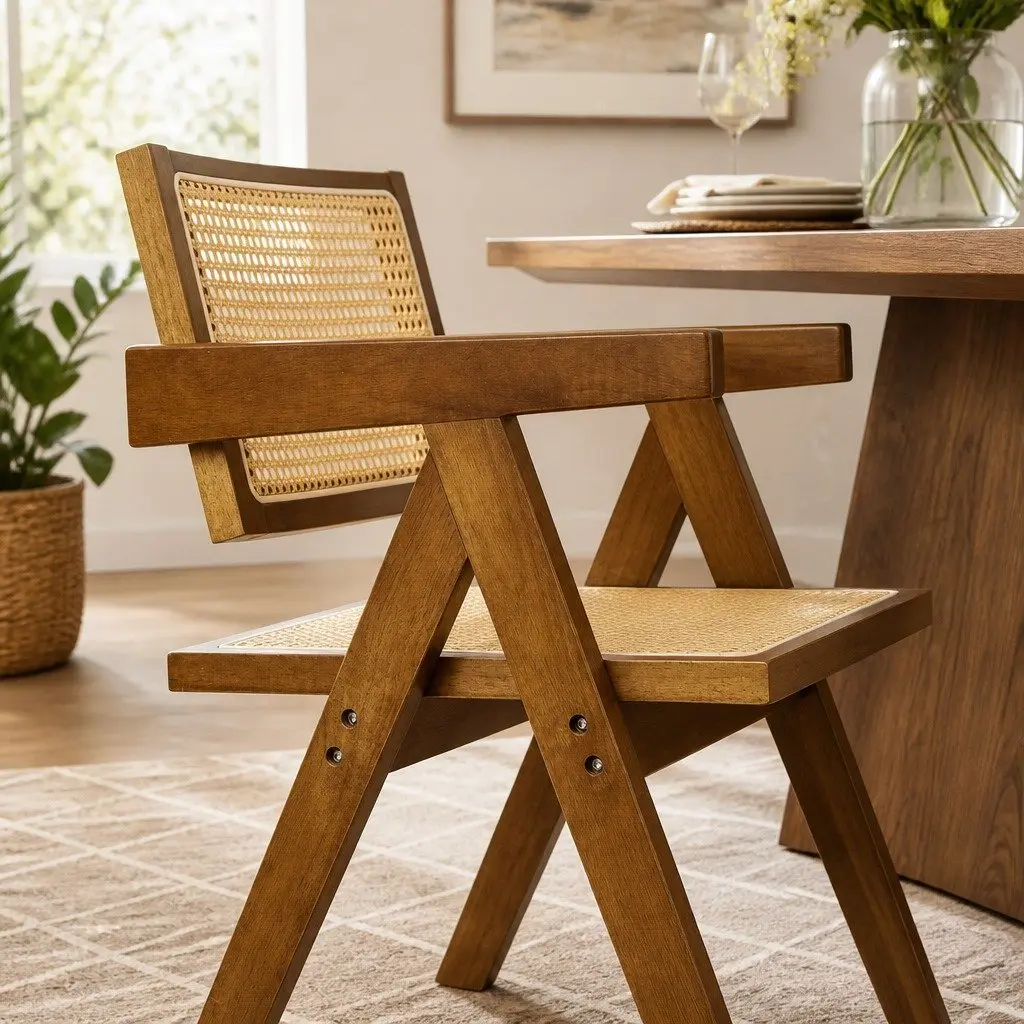 Wicker Dining Chair Rattan Rubber Wood Walnut Modern 51cm W x 57cm D x 80cm H
