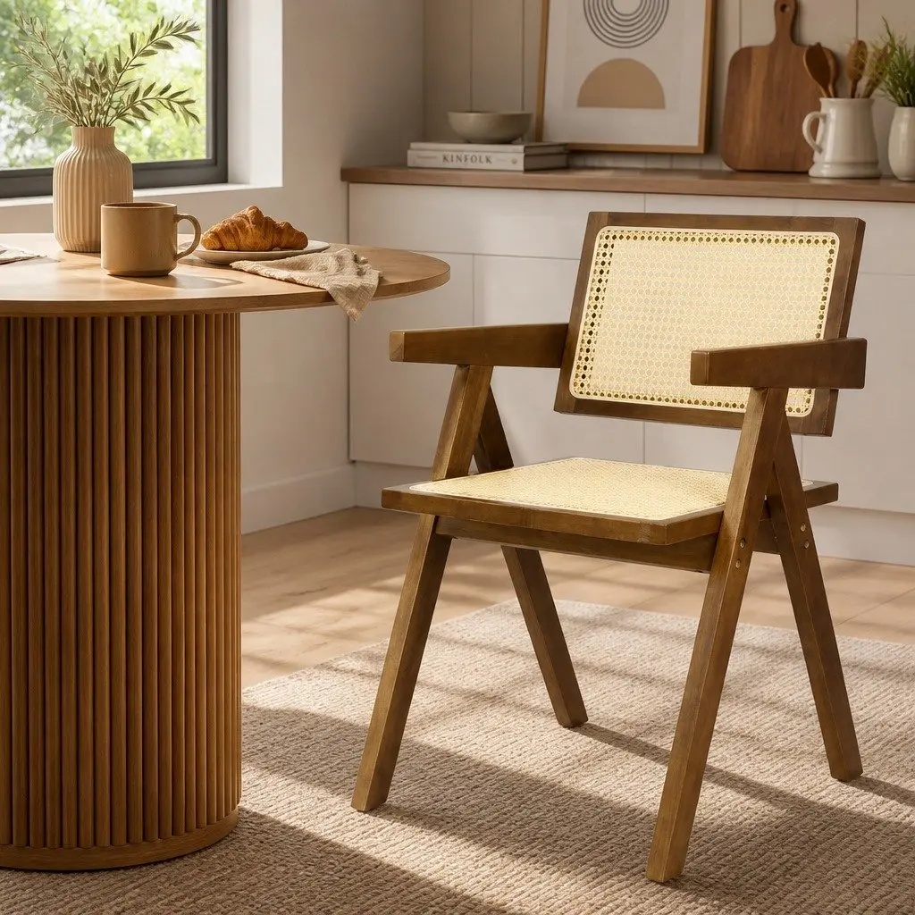 Wicker Dining Chair Rattan Rubber Wood Walnut Modern 51cm W x 57cm D x 80cm H