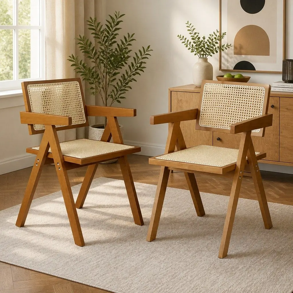 Wicker Dining Chair Rattan Rubber Wood Walnut Modern 51cm W x 57cm D x 80cm H