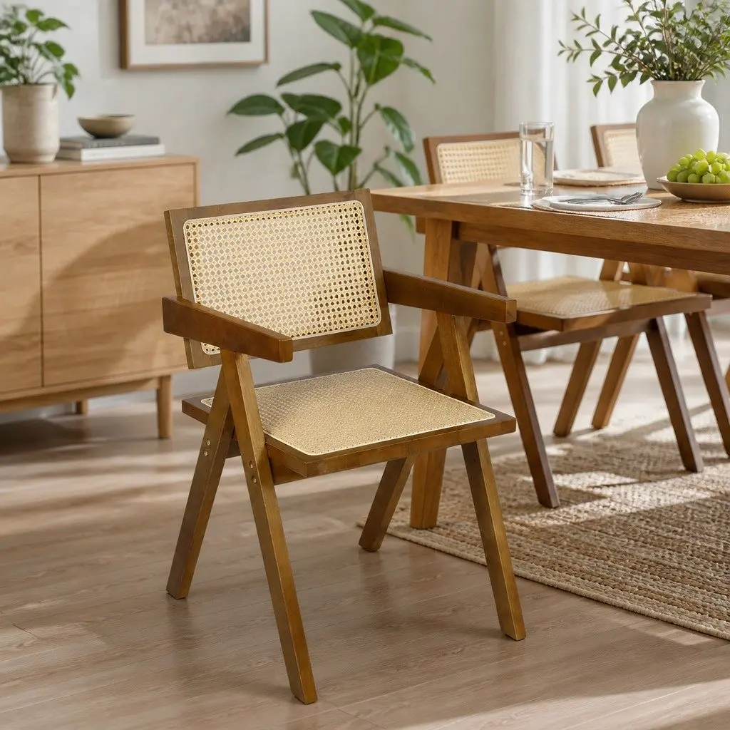 Wicker Dining Chair Rattan Rubber Wood Walnut Modern 51cm W x 57cm D x 80cm H