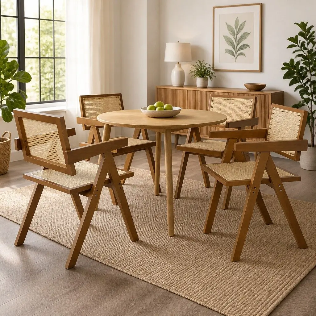 Walnut Wicker Armchair Dining Chair Set 4x Rattan Wooden Seat Retro Style
