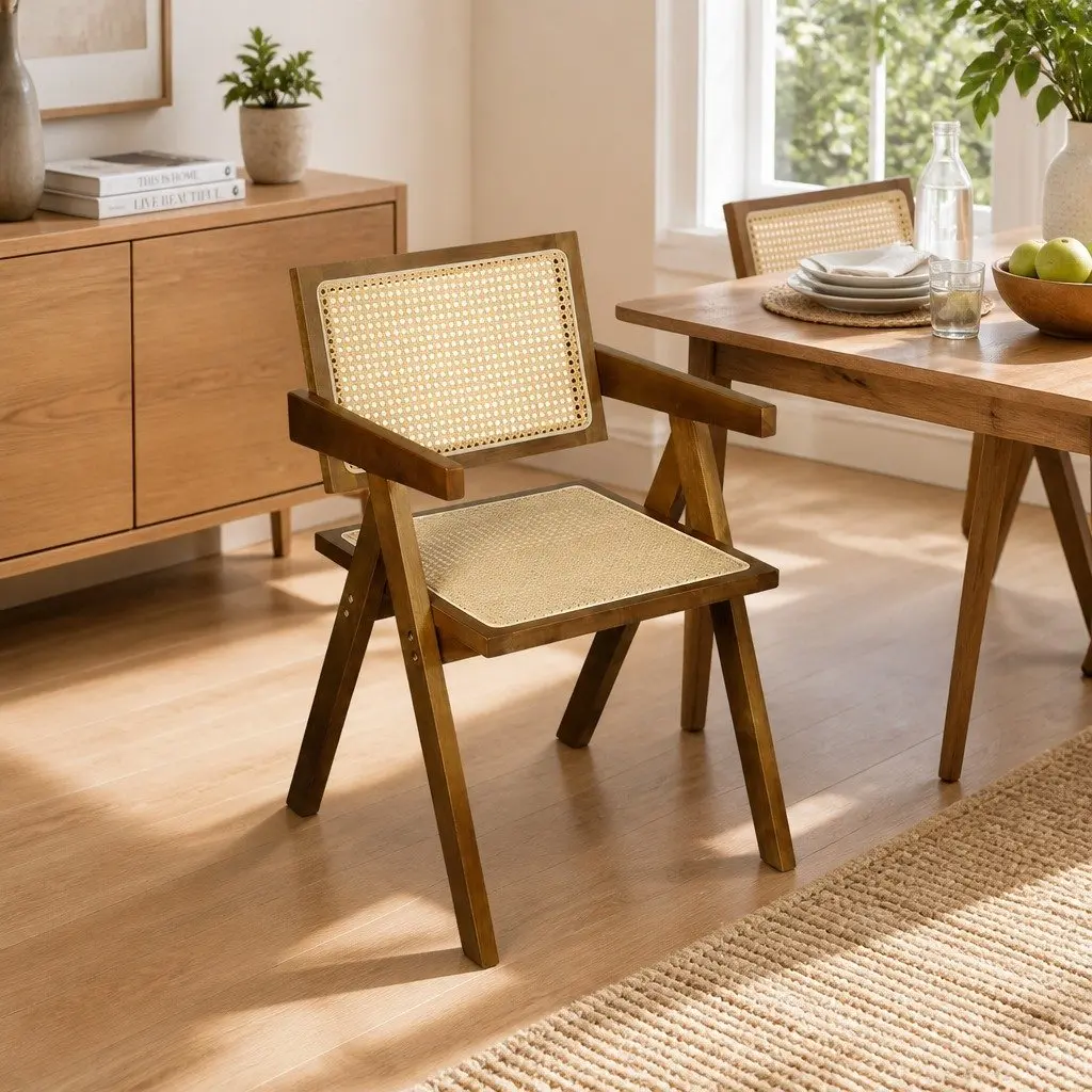 Walnut Wicker Armchair Dining Chair Set 4x Rattan Wooden Seat Retro Style
