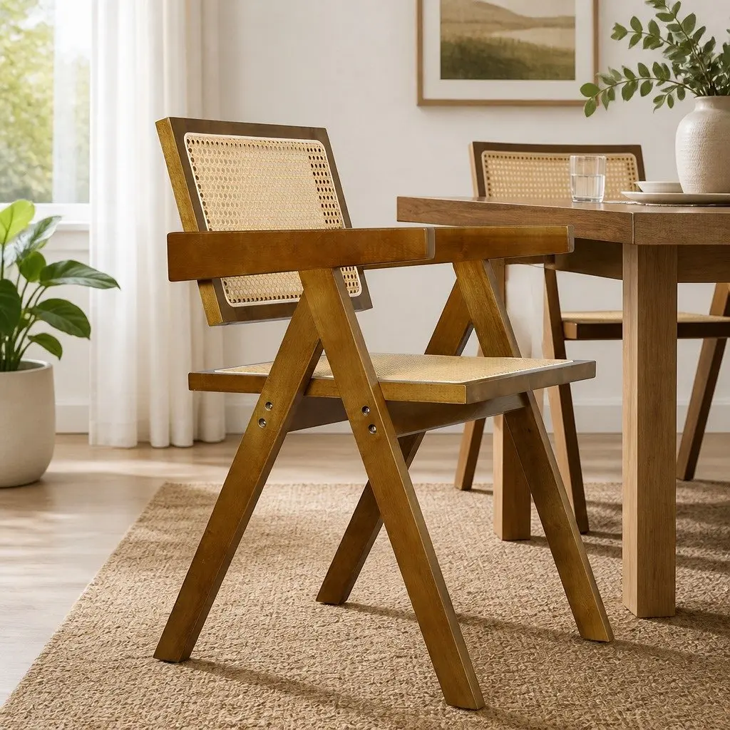 Dining Chair Rattan Walnut Wooden Seat with Armrest
