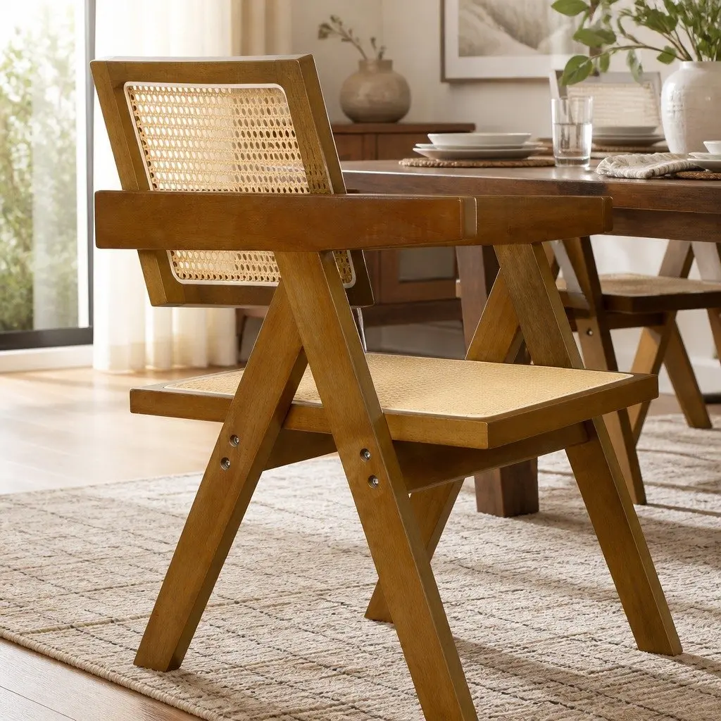 Dining Chair Rattan Walnut Wooden Seat with Armrest