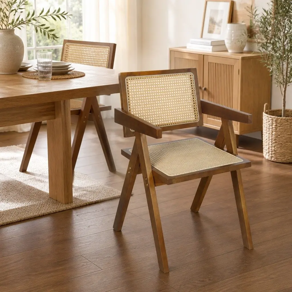 Dining Chair Rattan Walnut Wooden Seat with Armrest