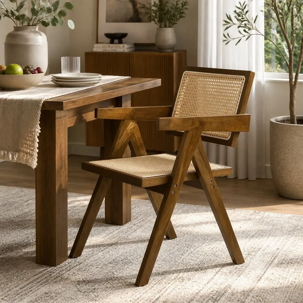 Dining Chair Rattan Weave Solid Rubber Wood Frame 51cm W x 57cm D x 80cm H Walnut