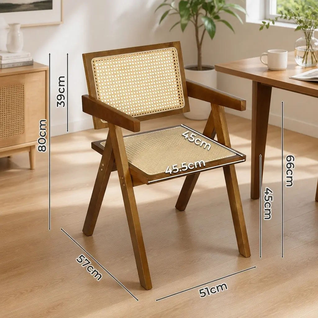 Dining Chair Rattan Weave Solid Rubber Wood Frame 51cm W x 57cm D x 80cm H Walnut