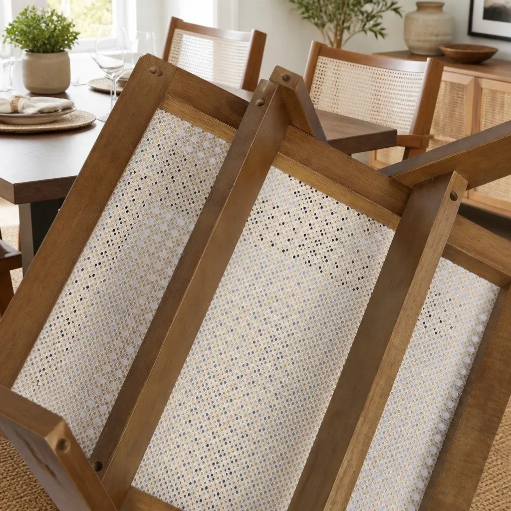 Dining Chair Rattan Weave Solid Rubber Wood Frame 51cm W x 57cm D x 80cm H Walnut