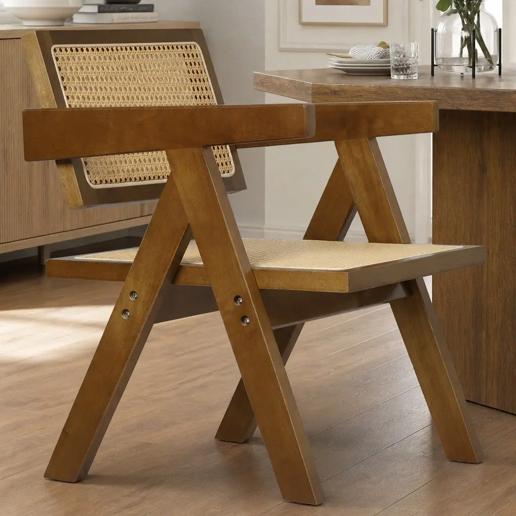 Dining Chair Rattan Weave Solid Rubber Wood Frame 51cm W x 57cm D x 80cm H Walnut
