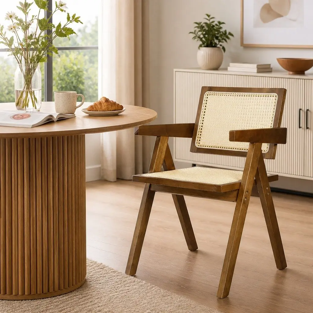 Dining Chair Rattan Weave Solid Rubber Wood Frame 51cm W x 57cm D x 80cm H Walnut