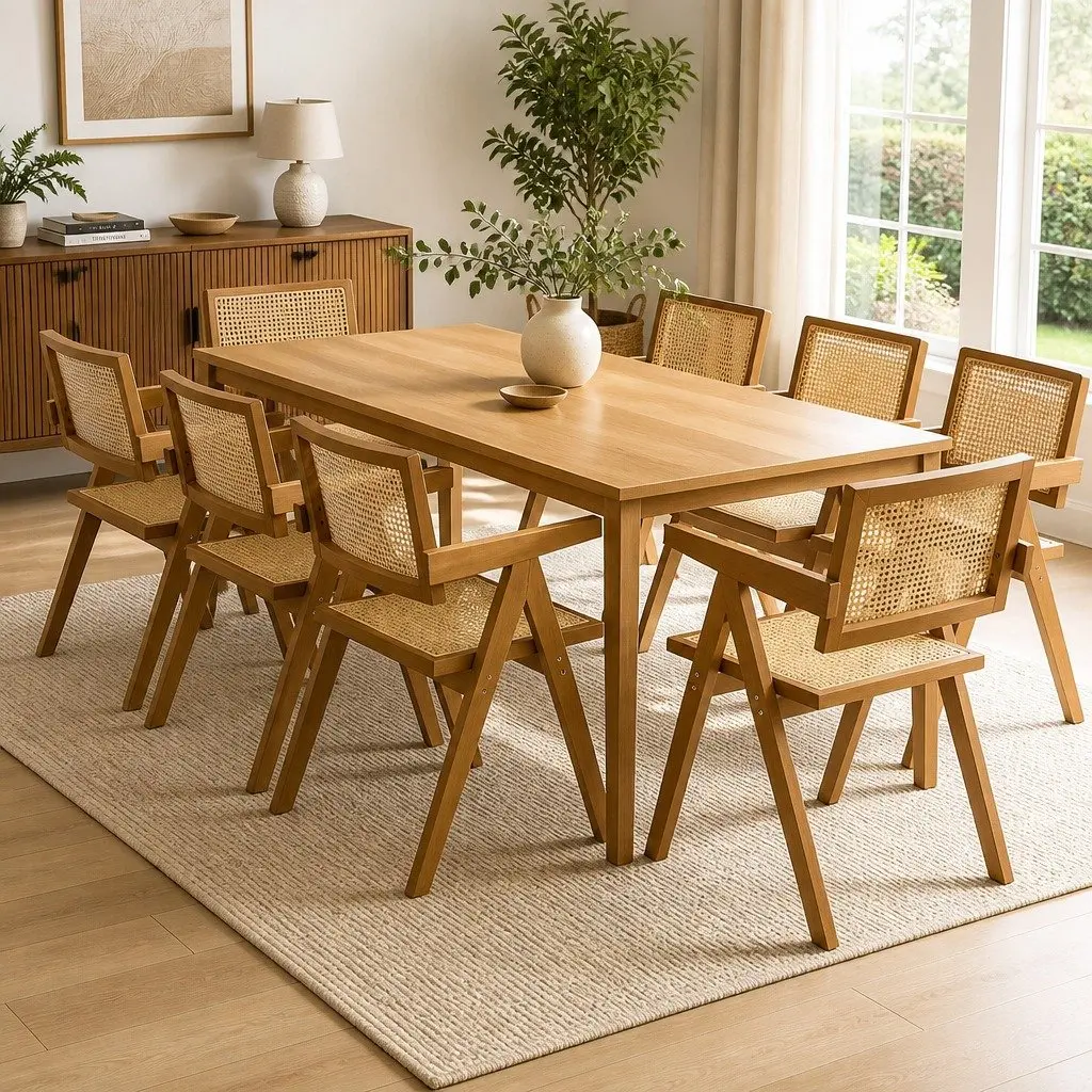 Dining Chair Rattan Weave Solid Rubber Wood Frame 51cm W x 57cm D x 80cm H Walnut