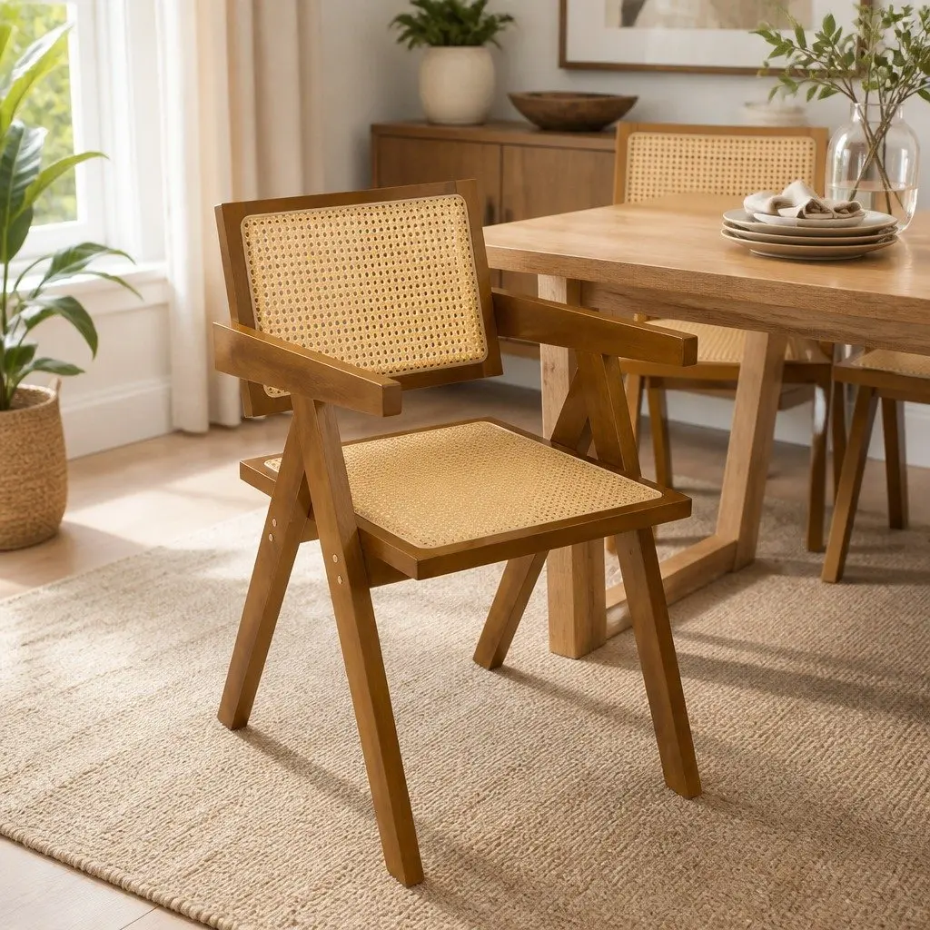 Dining Chair Rattan Weave Solid Rubber Wood Frame 51cm W x 57cm D x 80cm H Walnut