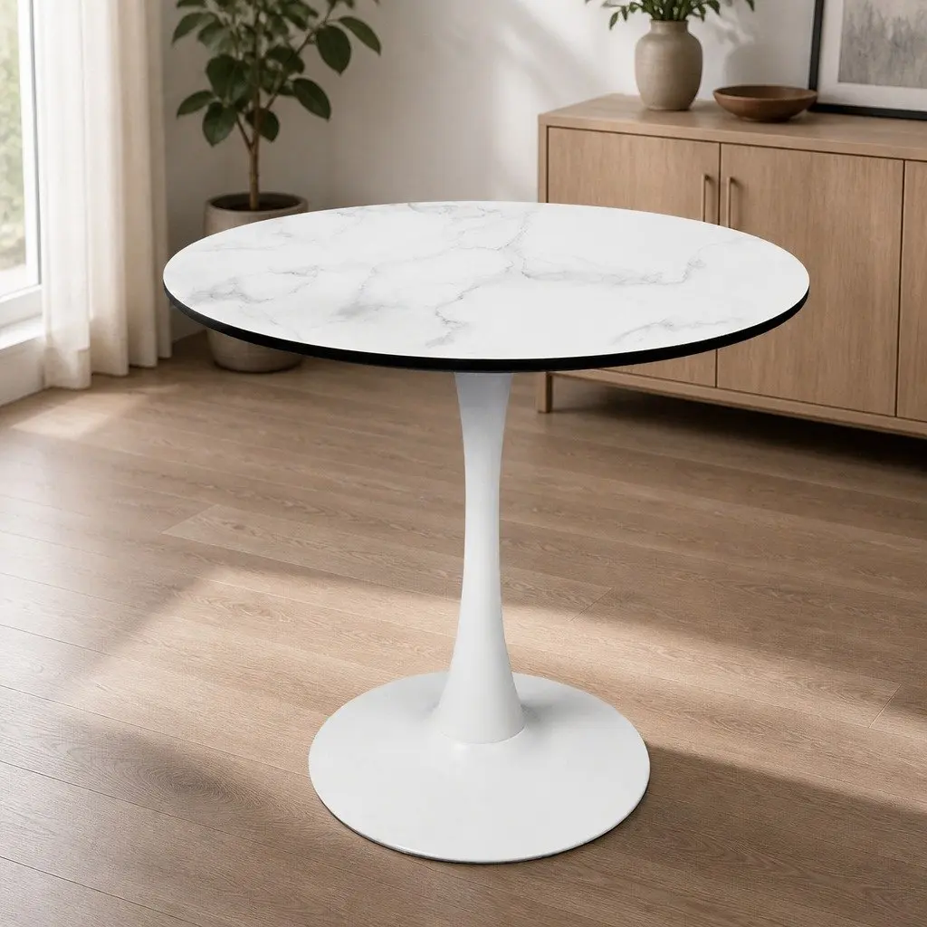 Dining Table Round Lacquered Wooden 80cm White Indoor Outdoor
