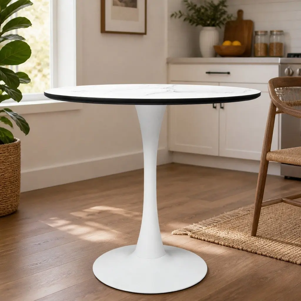 Dining Table Round Lacquered Wooden 80cm White Indoor Outdoor
