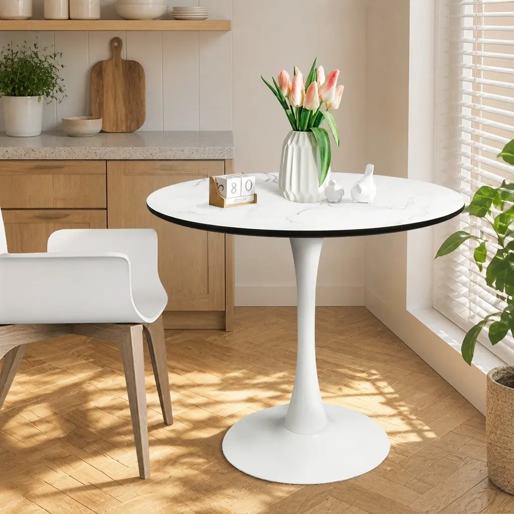 Dining Table Round Lacquered Wooden 80cm White Indoor Outdoor