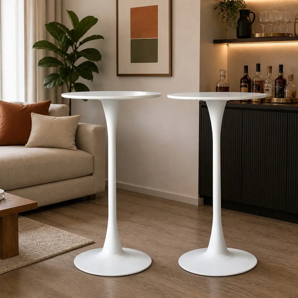 2x Durable Round Bar Tables for Home and Office Use