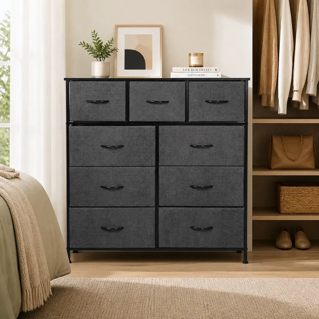Chest of Drawers Storage Cabinet MDF Steel 100cm Grey 9 Drawer Tallboy Dresser Organiser Unit