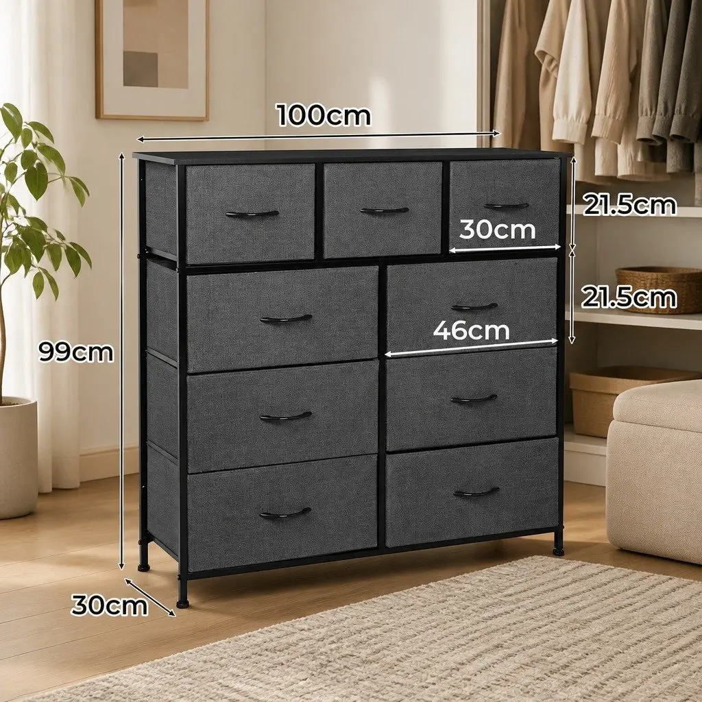 Chest of Drawers Storage Cabinet MDF Steel 100cm Grey 9 Drawer Tallboy Dresser Organiser Unit