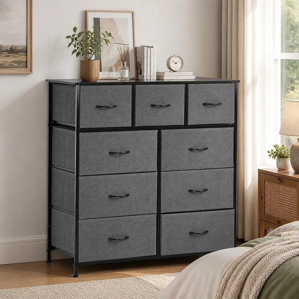 Chest of Drawers Storage Cabinet MDF Steel 100cm Grey 9 Drawer Tallboy Dresser Organiser Unit