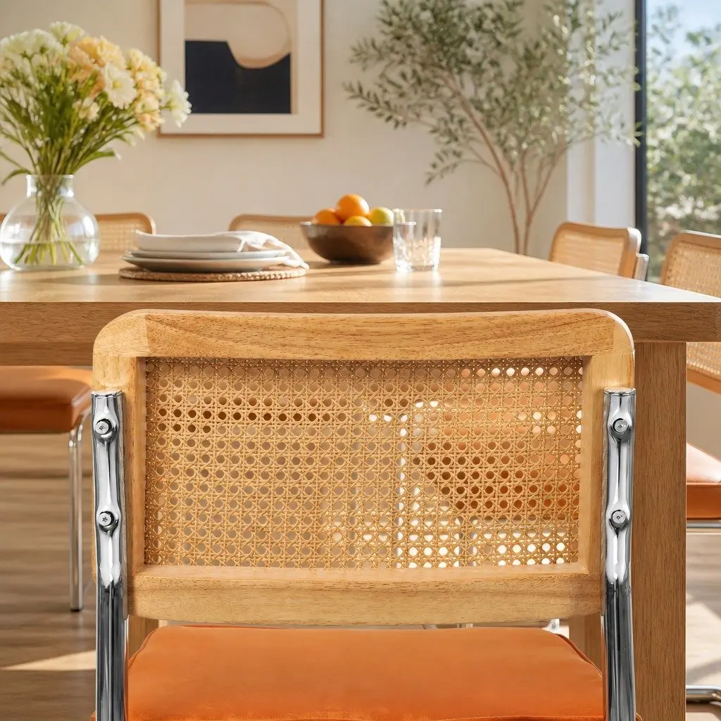 Rattan Dining Chairs Set of 4 Woven PE Backrest Steel Frame Kitchen Seating