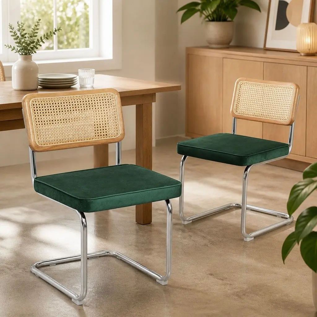 Dining Chairs Rattan Backrest Padded Seat Steel Frame 47cm W x 53cm D x 83cm H Green Natural