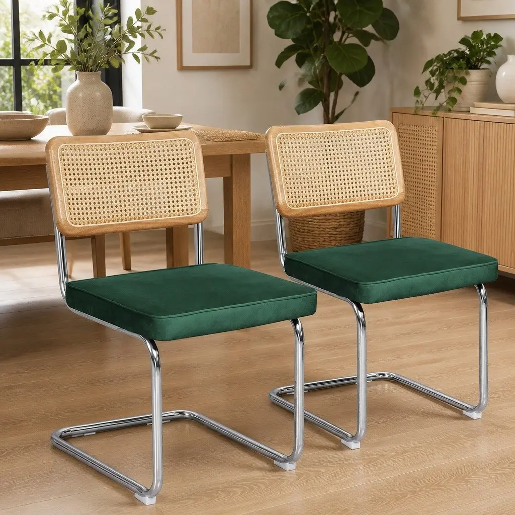 Dining Chairs Rattan Backrest Padded Seat Steel Frame 47cm W x 53cm D x 83cm H Green Natural