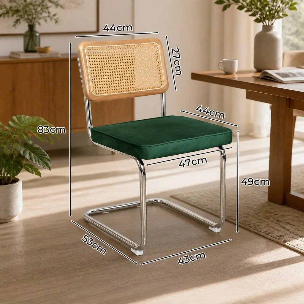 Dining Chairs Rattan Backrest Padded Seat Steel Frame 47cm W x 53cm D x 83cm H Green Natural