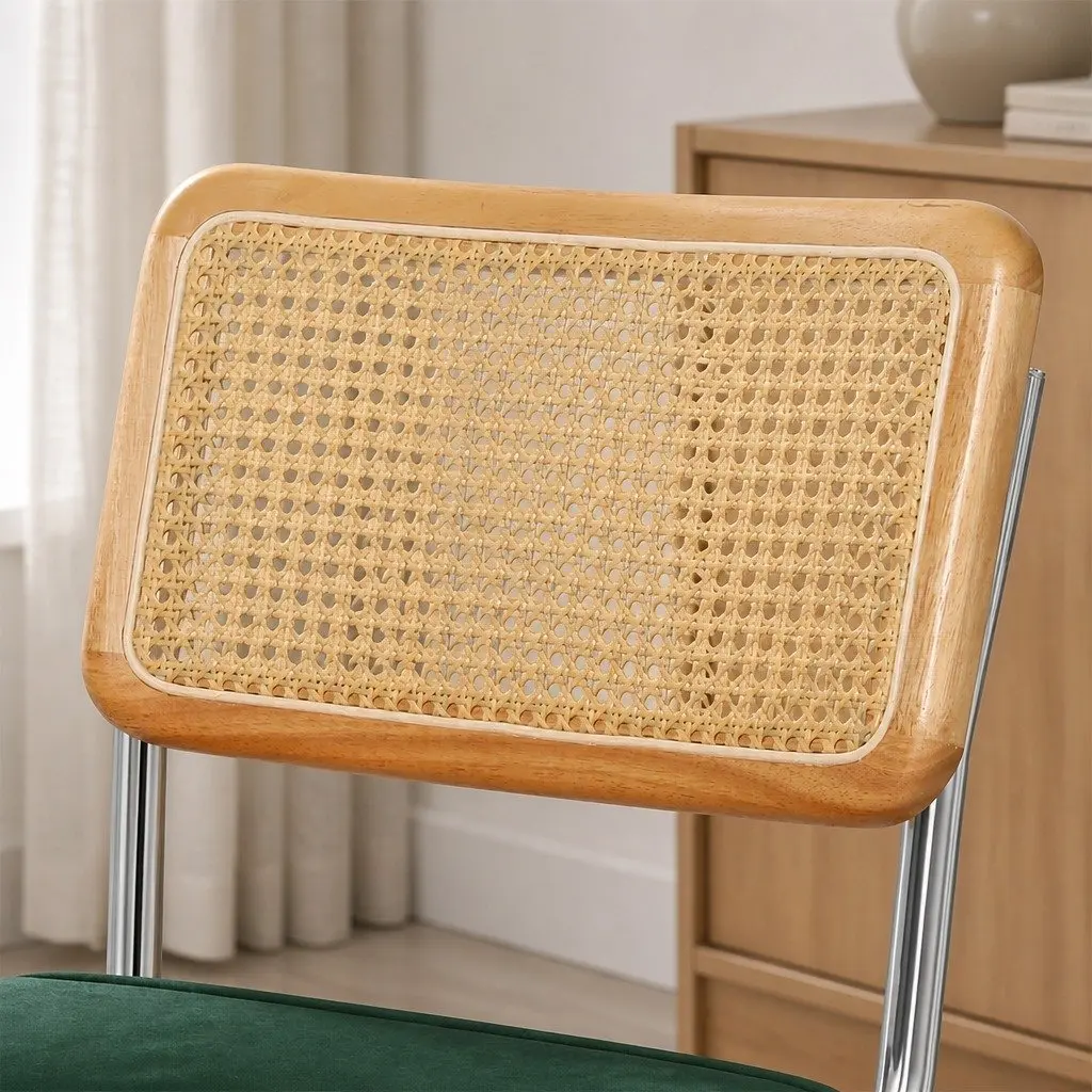 Dining Chairs Rattan Backrest Padded Seat Steel Frame 47cm W x 53cm D x 83cm H Green Natural