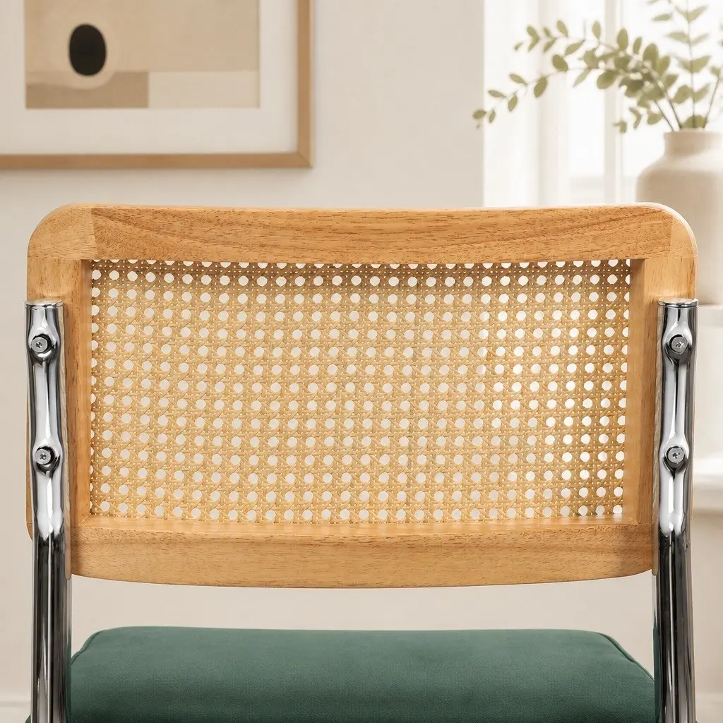 Dining Chairs Rattan Backrest Padded Seat Steel Frame 47cm W x 53cm D x 83cm H Green Natural