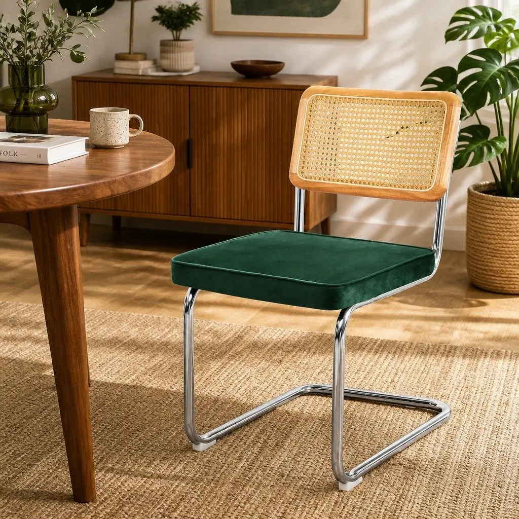 Dining Chairs Rattan Backrest Padded Seat Steel Frame 47cm W x 53cm D x 83cm H Green Natural