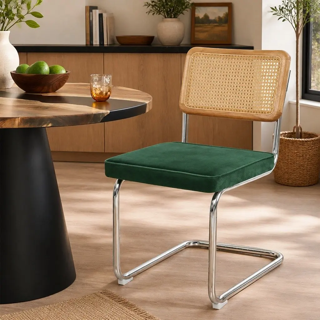 Dining Chairs Rattan Backrest Padded Seat Steel Frame 47cm W x 53cm D x 83cm H Green Natural